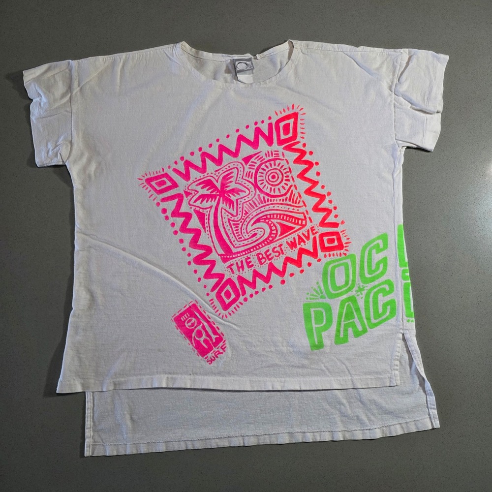 Vintage 1990 Ocean Pacific OP Surf T-Shirt Neon Graphic White High Low Hem L